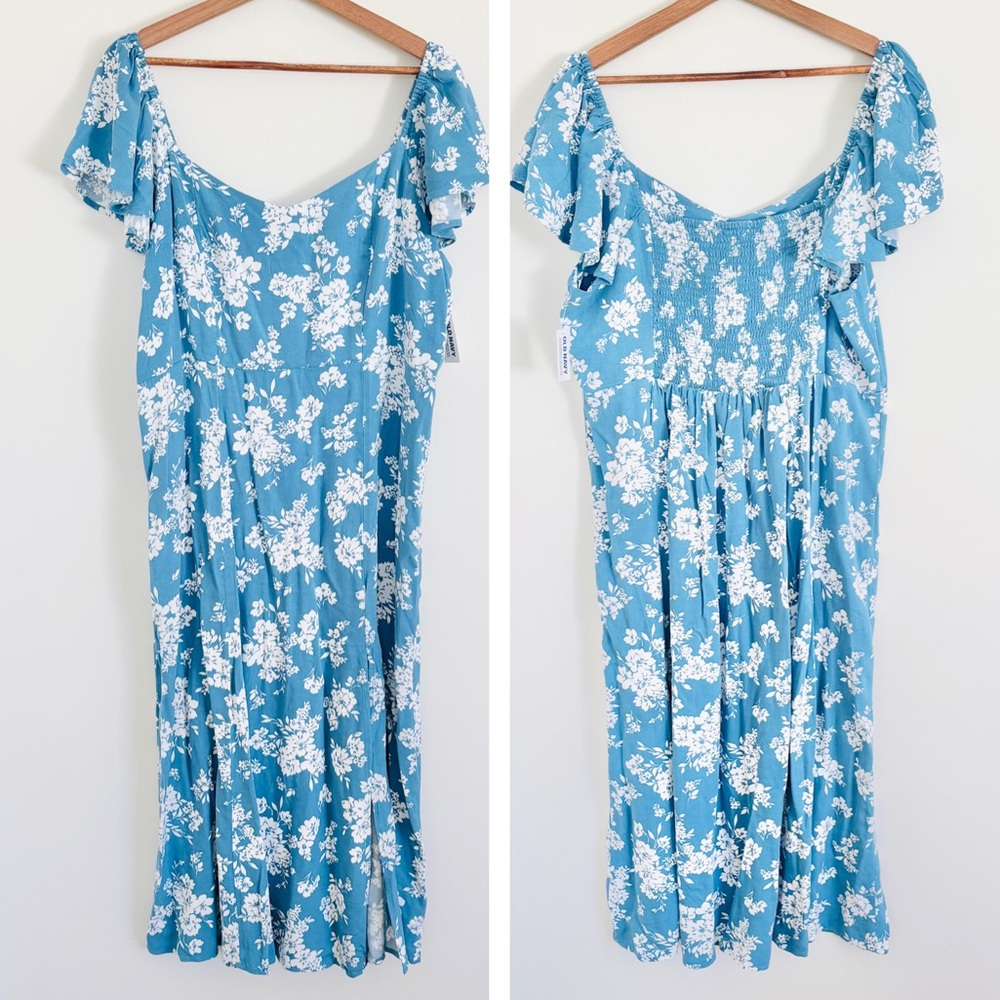 NWT Old Navy Flutter-Sleeve Crepe Midi Dress in Blue & White Floral Print